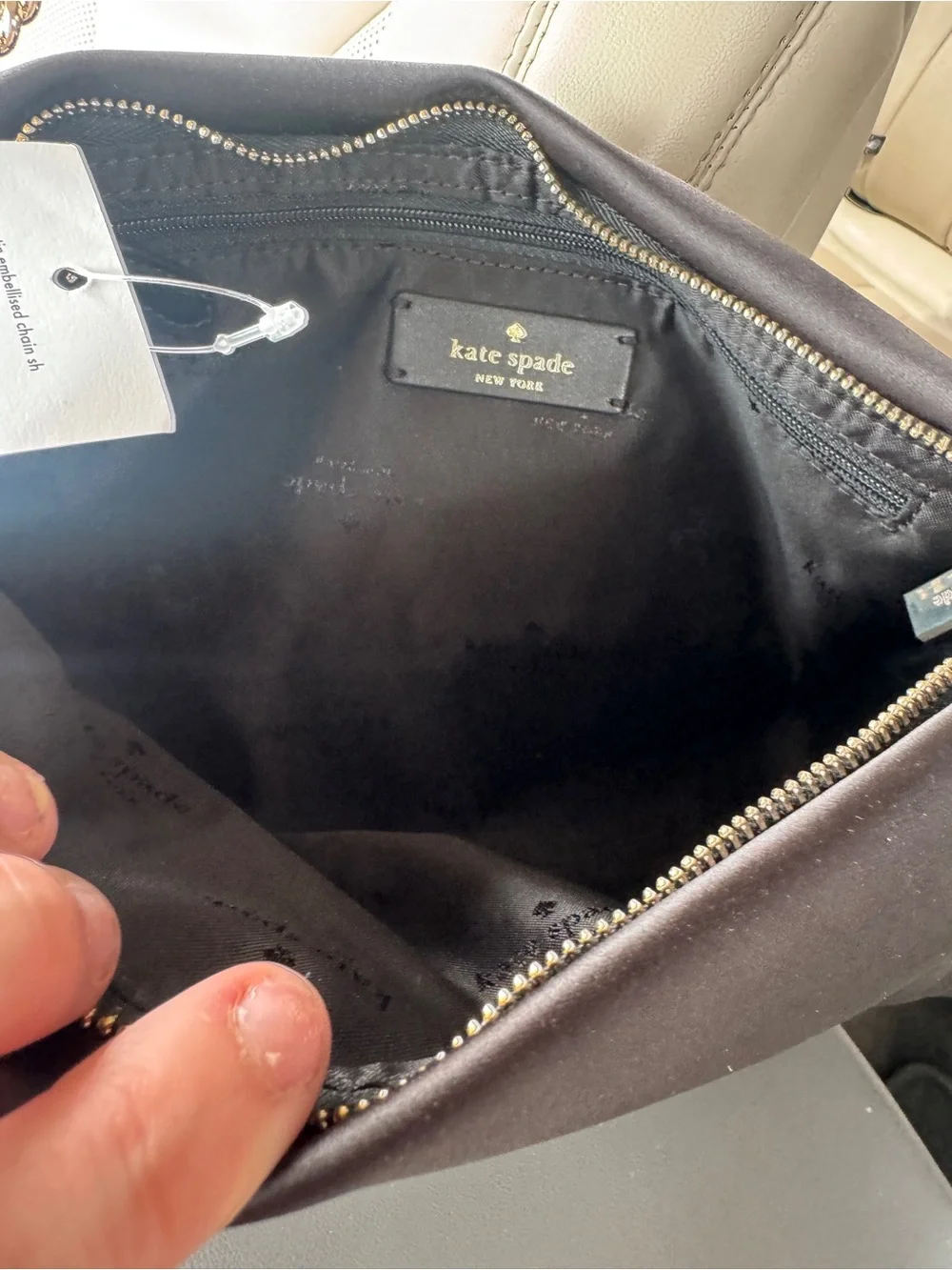 Kate Spade Anya Black Satin Shoulder Bag with Gold Chain Accents & Gems — NWT!